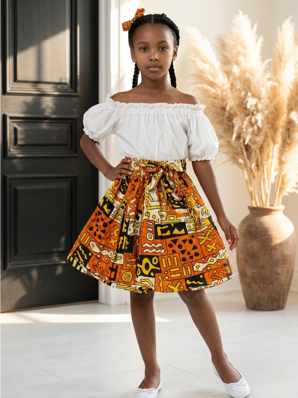 Girls Orange Patterned A-Line Skirt with Bow